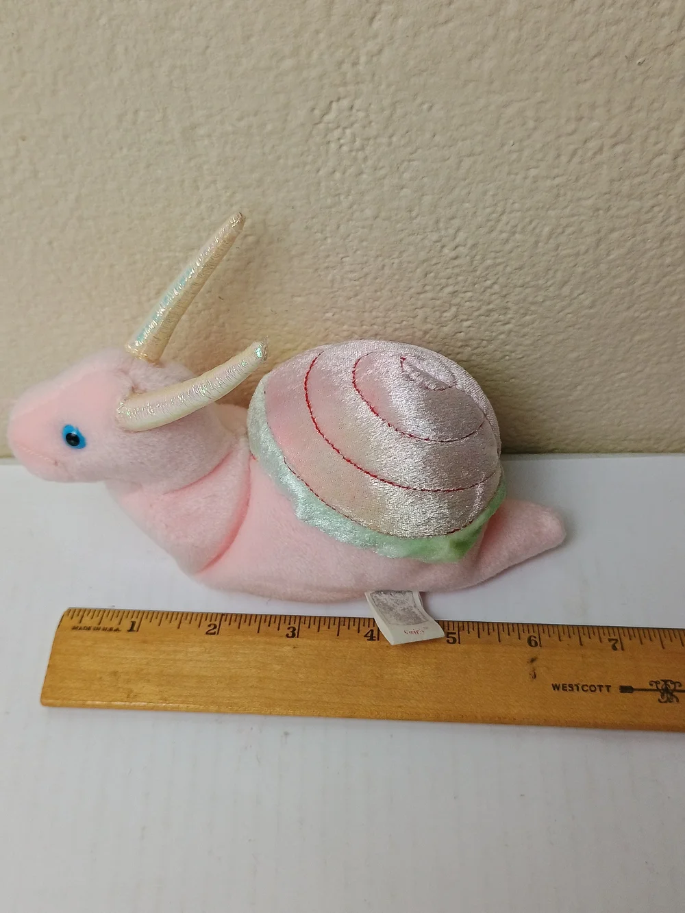Ty 1999 SwirlyPink Narwhal-Snail Plush with Iridescent Gold Horns and Mint Shell